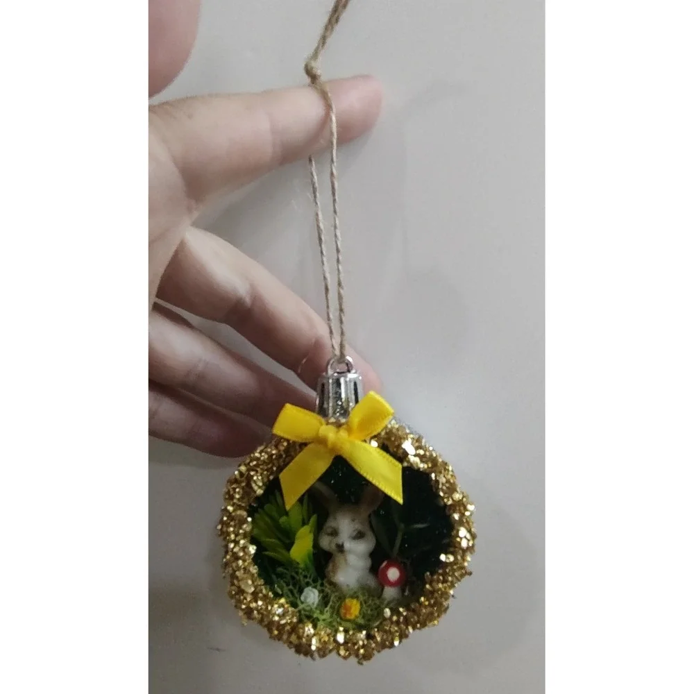 Bunny Rabbit Christmas Ornament Handmade Vtg Style OOAK Shatterproof Diorama